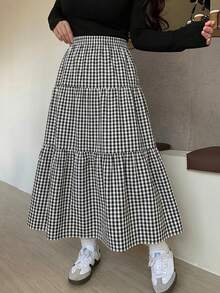 Dazy Plus Falda holgada de talle elástico con estampado a cuadros en patchwork, talla grande, blanco, primavera/verano - Blanco y Negro - Ver 7