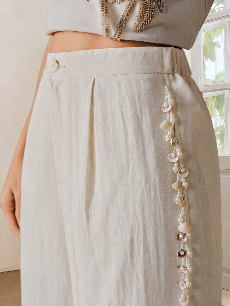 Women's Loose Wide Leg Pants With Faux Pearl And Shell Decor, Suitable For Beach And Vacation