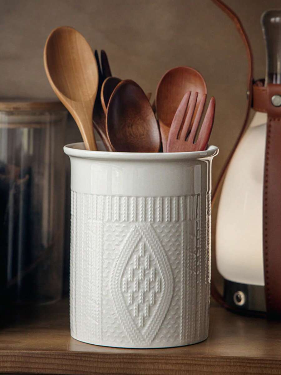 Stylish And Practical Embossed Sweater Storage Jar, Ceramic Chopstick Rest, Suitable For Dining Table, Desktop Or Study Decoration; High-Quality Embossed Pen Holder. - Multicolor - View 1