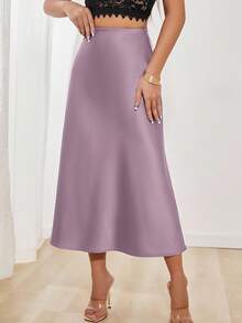 SHEIN PETITE Women's Solid Color Casual Versatile Date/Travel A-Line Skirt - Mauve Purple - View 5