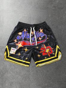 ROMWE MEN Street Life 男士夏季休闲条纹、星星和字母印花短裤 - 黑色 - 查看 6