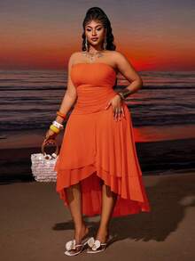 Maweii Vestido asimétrico con abertura, ajustado y fruncido, de malla, en tono naranja rojo, con estilo francés chic, para tallas grandes - Naranja - Ver 4