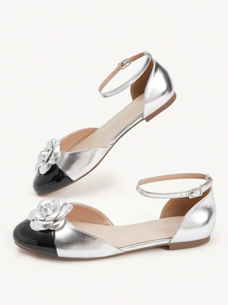 CUCCOO CHICEST Women Shoes Small Round Toe Flat Bottom Silver Three-Dimensional Flower Building Color Splicing Ankle Strap Hollow Women's Low Vamp Flat Sole Shoes Light, Comfortable, Fashionable And Elegant Daily Commuting 100 Women's Flat Sole Shoes