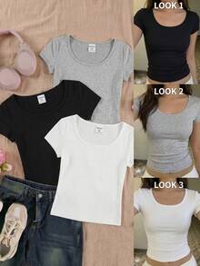 SHEIN 2 件套 Tween 女童方领短袖 T 恤 - 黑與白 - 查看 2