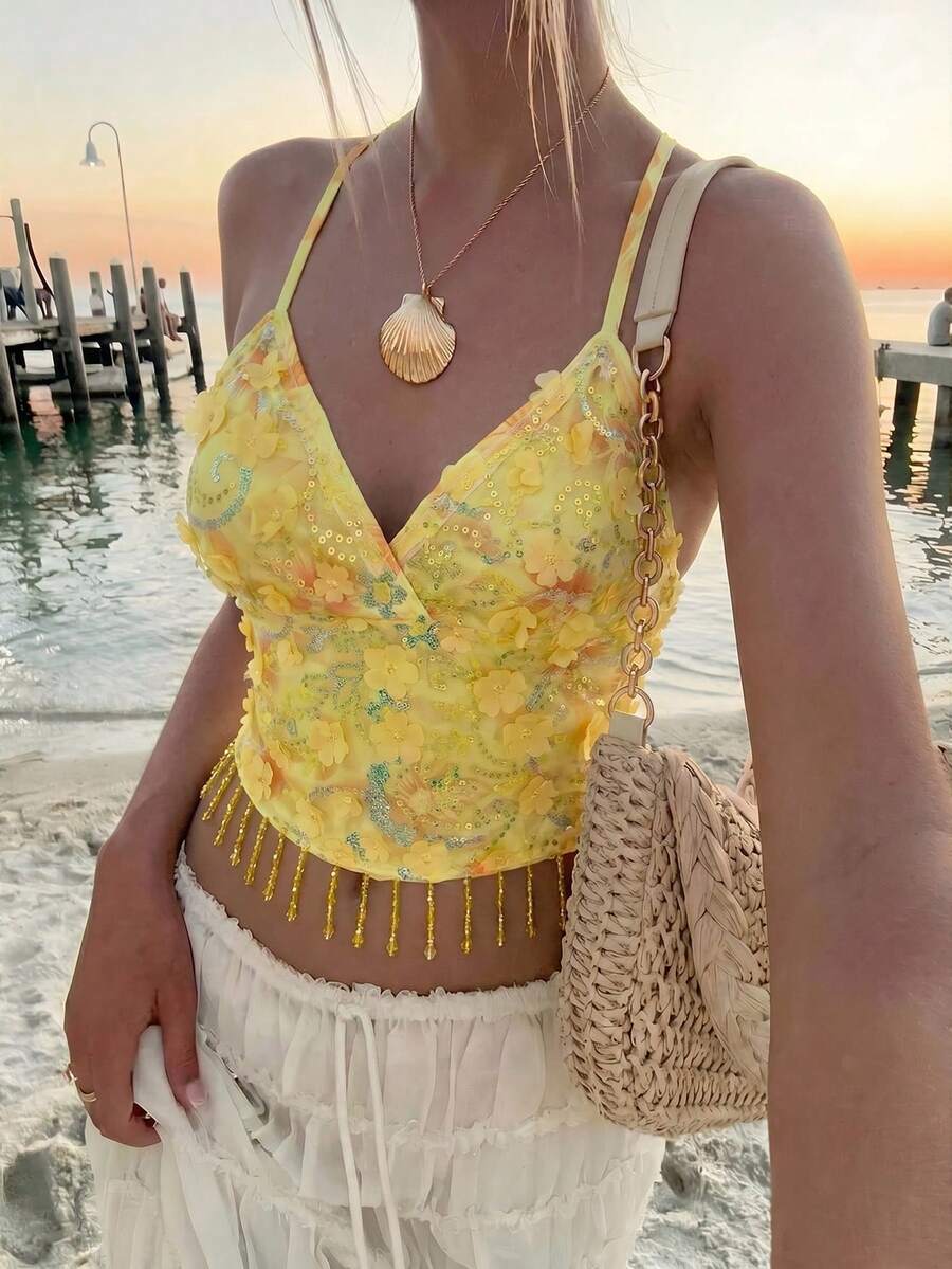 Aloruh Women 3D Floral Decor Fringe Hem Camisole Top,Summer Top - Yellow - View 1