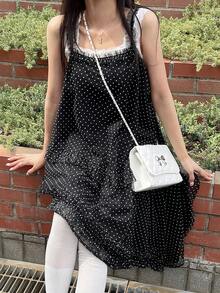 FRIFUL Women's Summer Casual Polka Dot Print Mesh Patchwork Asymmetric Hem Camisole - Black - View 9