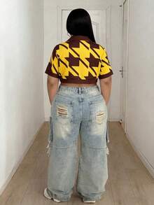 Maweii Plus Size Women Casual Street Chic Short Sleeve Houndstooth Print Contrast Color Cropped Jacket, Suitable For Vacation - Multicolor - View 2