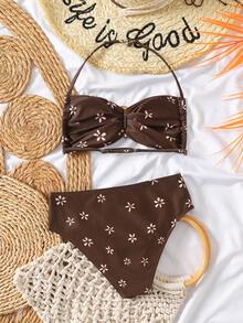 SHEIN Tween Girl Solid Blue Metallic Jewelry Bikini Set, Summer Boho Cute Flowy Beach Vacation Vacation Holiday Strapless Tie Bathing Suit Two Pieces Tween Girl - Brown - View 4
