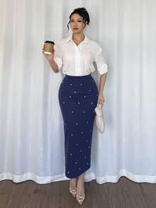 Modelyn Women's Winter Rhinestone Embellished Elegant Elegant Fitted Pencil Skirt Party Night Navy Blue - Blue - View 5
