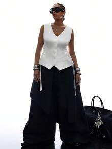 SHEIN EZwear 大码女式V领单排扣系带时尚百搭通勤休闲背心衬衫，适合正式场合，白色背心，优雅高贵的正式白色背心 - 白色 - 查看 3