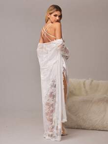 Women's Satin & Lace Trim Nightgown And Robe Set, Featuring Criss-Cross Back Design And Scalloped Hem Satin Sleepwear Set Robe Lingerie Set Bridal Robe Set Satin Night Gown Satin Nightgown - White - View 2