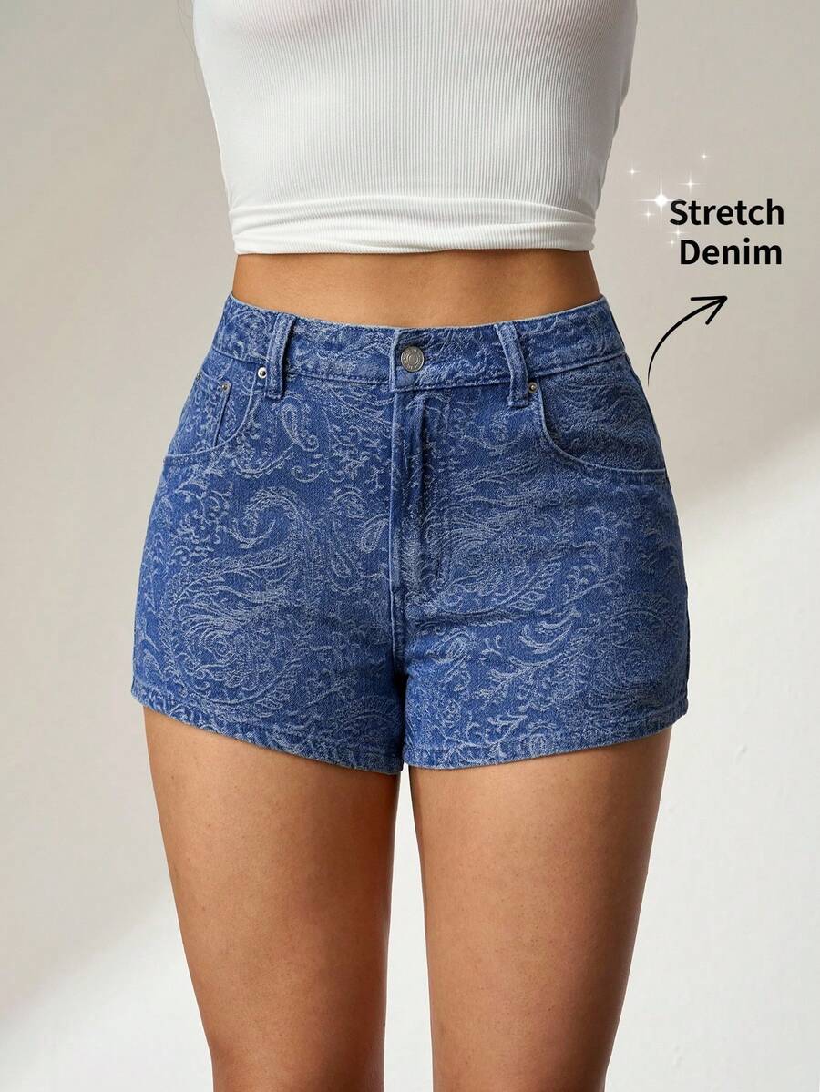 Flexra 女士休闲腰果印花度假风牛仔短裤 - 中等水洗藍 - 查看 1