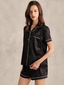 EverLounge Contrast Piping Button Front Satin PJ Set / Pajama Set - Black - View 5