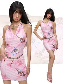 Rina Fox 女士性感豹纹印花深V领紧身迷你连衣裙 - 粉色 - 查看 1