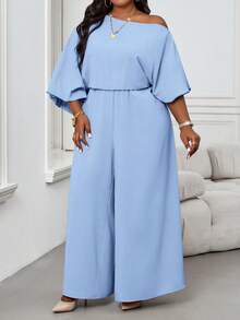 SHEIN Lady Mùa thu và mùa đông thanh lịch cổ điển công sở giản dị rượu sâm panh dệt trễ vai váy dạ hội tay giám mục hở lưng sản phẩm mới cỡ lớn bộ đồ liền quần - Màu xanh lam - Xem 5