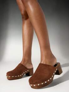 Denimoi 女士复古时尚铆钉粗跟时尚舒适一脚蹬穆勒鞋 - 駝色 - 查看 3