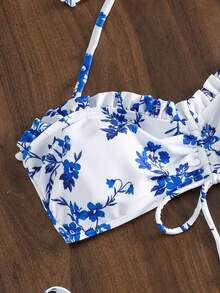 Swim Vcay Women's White And Blue Floral Bikini Set,Summer Boho Holiday Resort Style Wood Ear Drawstring Tie Shoulder Straps Bikini,Holiday Pool Party Swimwear - Multicolor - View 6