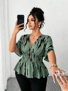 SHEIN Elenzya 大码女式V领插肩袖休闲衬衫，适合外出、聚会和通勤。 - 綠色 - 查看 7