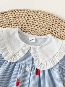SHEIN Newborn Cute Cartoon Heart Pattern Suspender Bow Decor Princess Dress, Suitable For Spring/Summer Outings, Vacations And Parties - Blue - View 4