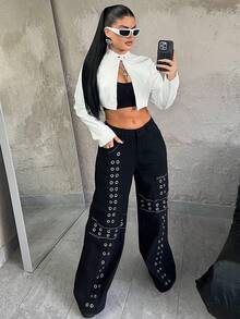 Dayanna Comas Quần jean ống rộng cạp thấp thêu đinh tán kim loại phong cách Punk Kpop - màu đen - Xem 3