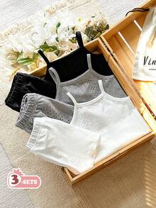 SHEIN Vintaside Kids 女婴舒适百搭甜美可爱吊带短裤套装，夏季多件套 - 彩色 - 查看 4
