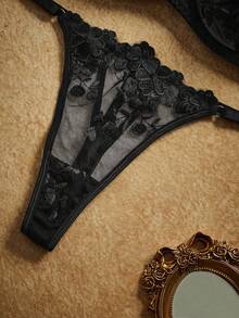 PinupPomp 2 piezas Conjunto de lencería de dama negro de encaje bordado transparente de malla de unicolor con sujetador y tanga - Negro - Ver 5