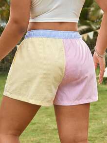 Comfortcana Shorts de playa casuales de talla grande con bloques de color y rayas, para verano - Multicolor - Ver 3