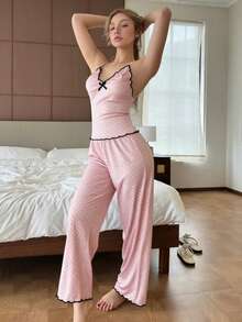 ZzzCrew Women's Knit Polka Dot Print Camisole And Pants Pajama Set, Ruffled Neckline With Bow Tie, Sexy & Versatile, Suitable For All Seasons - Pink - View 5