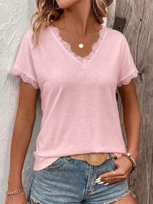 EMERY ROSE Camiseta casual versátil de mujer con cuello en V, manga corta y parches de encaje, nueva llegada para primavera/verano - Rosa - Ver 6