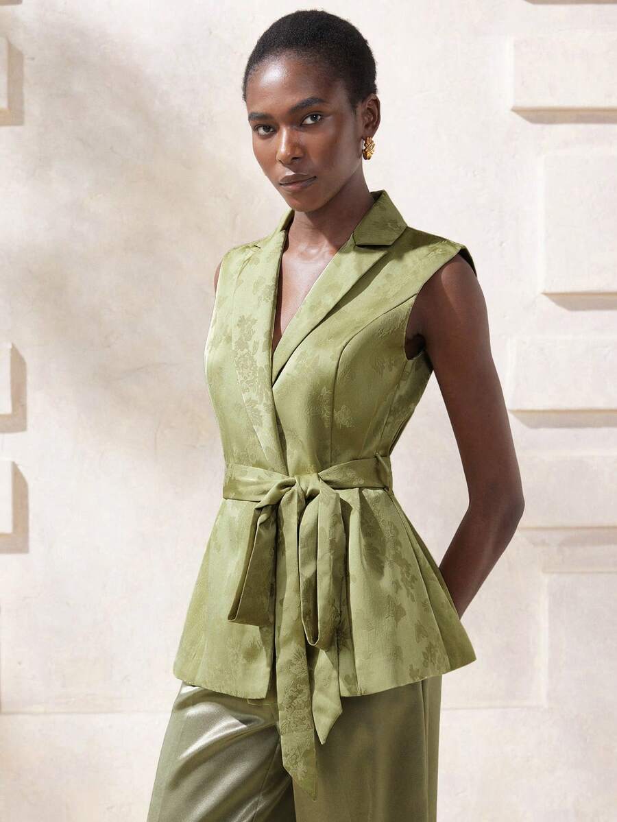 Aveloria Modichic Blazer de moda sin mangas con cuello de solapa y cintura anudada con estampado jacquard jaspeado para mujer - Verde Oliva - Ver 1
