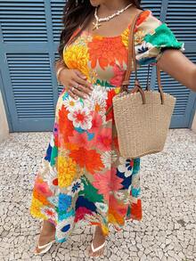 SHEIN Maternity Floral Print Puff Sleeve Casual Maternity Dress For Vacation Photoshoot Summer - Multicolor - View 4