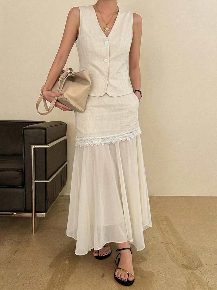 Women's V-Neck Lace Patchwork Asymmetric Maxi Skirt With Tank Top, Casual Vacation Beach Style, Spring/Summer 2-Piece Set Business Casual Woman