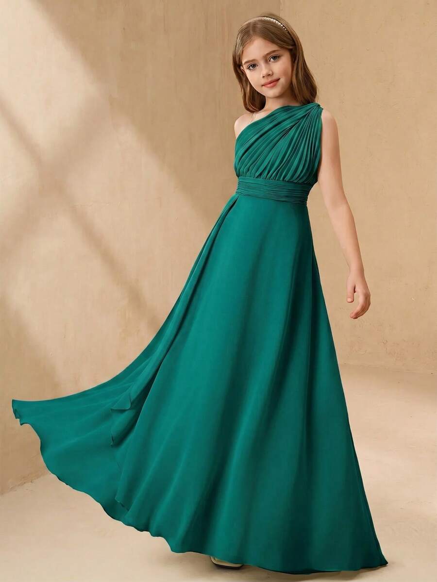SHEIN Elegant Flower Girl Dress For Weddings, Formal Occasions, Chiffon Ruffled Shawl Midi Dress For Tween Girls, Luxurious Fashion Tulle Princess Dress - Green - View 1