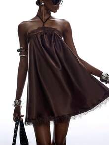 LYSMO 2026 New Arrive Minimalism Spring/Summer Solid Color Halter Spaghetti Strap Backless Sleeveless Fashion Dress Going Out Club Night Out Party - Coffee Brown - View 3