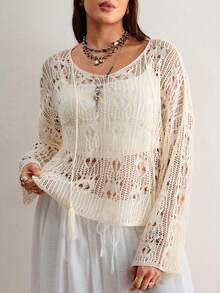 Freevana Phong cách Boho bãi biển | Áo len dài tay có mũ trùm đầu, đan móc lưới, khoét lỗ dành cho nữ - Áo khoác ngoài dáng rộng cho đồ bơi bikini - Màu be - Xem 1