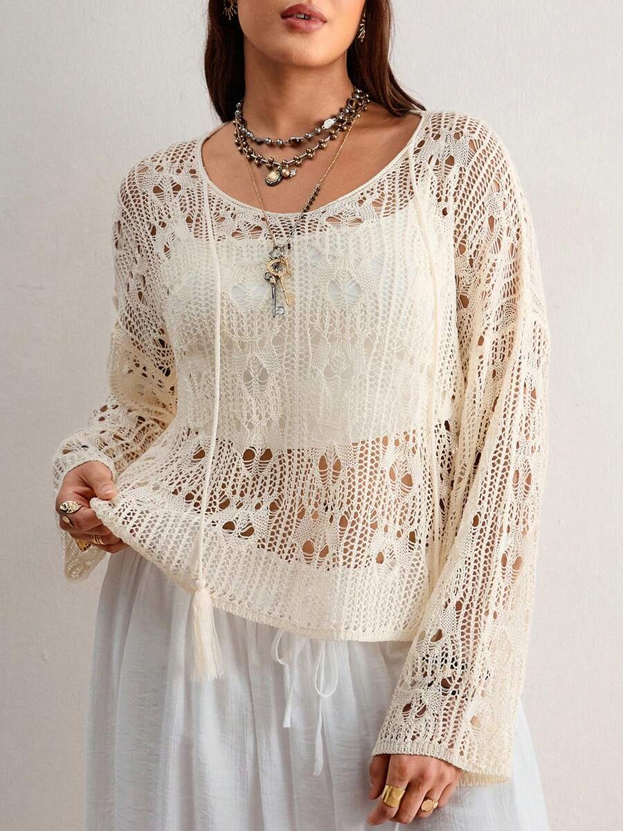 Freevana Phong cách Boho bãi biển | Áo len dài tay có mũ trùm đầu, đan móc lưới, khoét lỗ dành cho nữ - Áo khoác ngoài dáng rộng cho đồ bơi bikini - Màu be - Xem 1