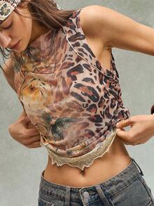 Bohemela Boho Summer Women's Vacation-Ready Top Featuring A Yellow Base With Multicolor Floral Composite Patchwork And A Positioned Leopard Print. Made Of Knitted High-Stretch Mesh With A Breathable Printed Finish For All-Day Comfort. Suitable For Beach Outings, Parties, Dates, Carnivals, Hot Spring Trips, Sandy Beaches, Cruises, And City Vacations.,Summer Top - Yellow - View 4