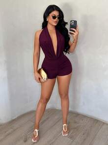 SHEIN SXY 女士纯色垂褶领露背性感休闲连体衣 - 中紫紅色 - 查看 9