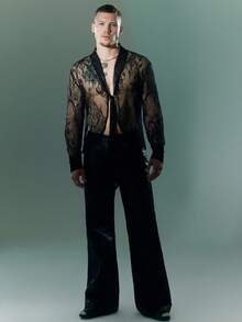 FeverCity Men's Solid Color Lace See-Through Sexy Tie Shirt - Black - View 6