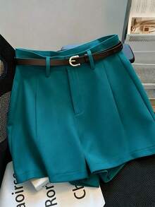 Franclia Casual & Commuting Fashion Versatile Mid-High Waist Belted Summer New Solid Color Khaki Shorts For Women - Hunter Green - View 4