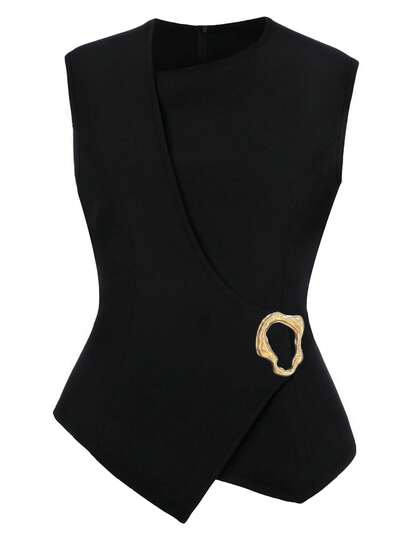 SHEIN CURVE+ Chaleco blazer sin mangas con dobladillo asimétrico y decoración metálica, talla grande y unicolor