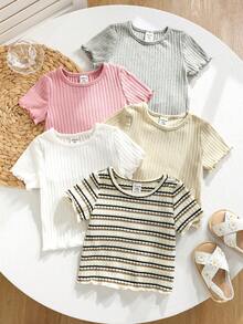 SHEIN Set de 5 piezas de blusas de manga corta con volantes en el bajo, de unicolor acanalado, para niña en verano - Multicolor - Ver 5