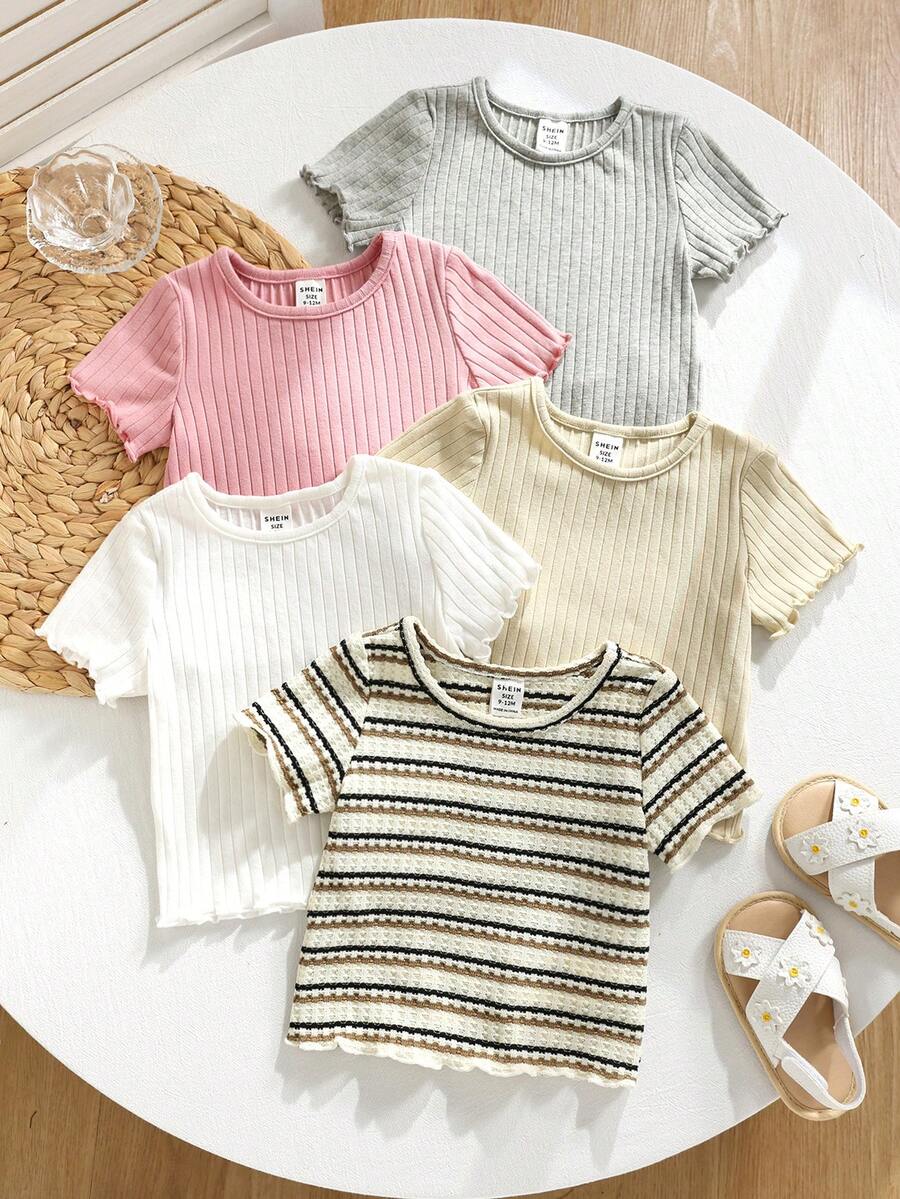 SHEIN 5pcs/Set Baby Girl Summer Cute Ribbed Solid Color Ruffle Hem Short Sleeve Tops - Multicolor - View 1