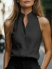Balvessa Women's Sleeveless Stand Collar Linen-Like Tank Top, Versatile Commuter Slim-Fit Blouse - Dark Grey - View 3