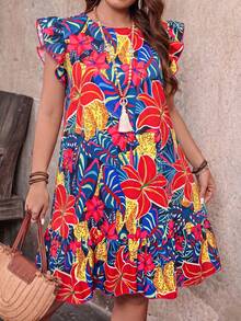 SHEIN Clasi Đầm mùa hè dáng rộng, cổ tròn, tay bồng, in hoa dành cho nữ cỡ lớn - Màu xanh lam - Xem 1