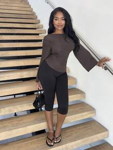 Alexandranx 女士优雅后腰系带长袖衬衫，适合秋季通勤 - 棕色 - 查看 3