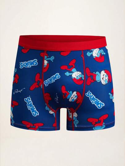 SHEIN X The Smurfs 全家福印花男士平角内裤，弹性腰带，舒适贴身