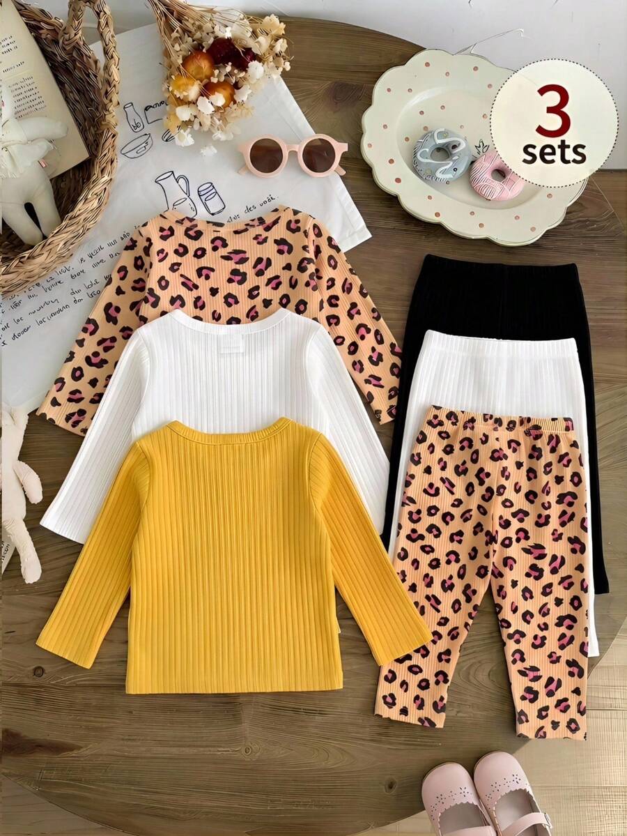 SHEIN Playful Pals 三件套女婴休闲时尚可爱甜美豹纹动物猫咪图案罗纹针织纯色长袖圆领柔软舒适加厚上衣衬衫T恤T恤裤子打底裤运动裤套装日常玩耍派对晚宴约会春季秋季冬季 - 黃色 - 查看 1