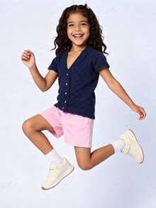 DAZY V-Neck Short Sleeve Loose Casual Girls (Small) Sweater - Navy Blue - View 3