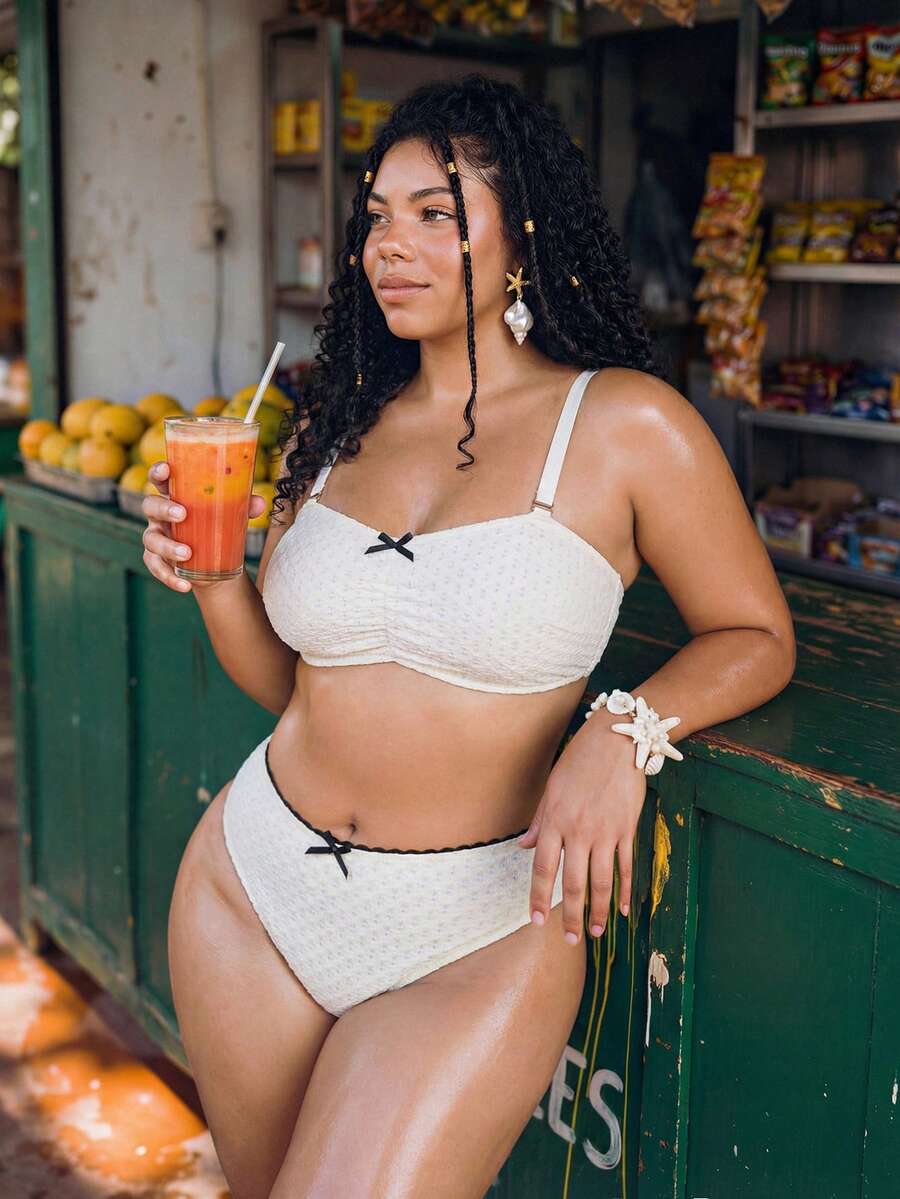 Swim Mod Plus Size Women Summer Beach Gym Butterfly Decor Sexy Bikini Swimwear Set - White - View 1